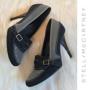 Stella McCartney Suede & Canvas Loafer Heels in Gray and Black • 7.5